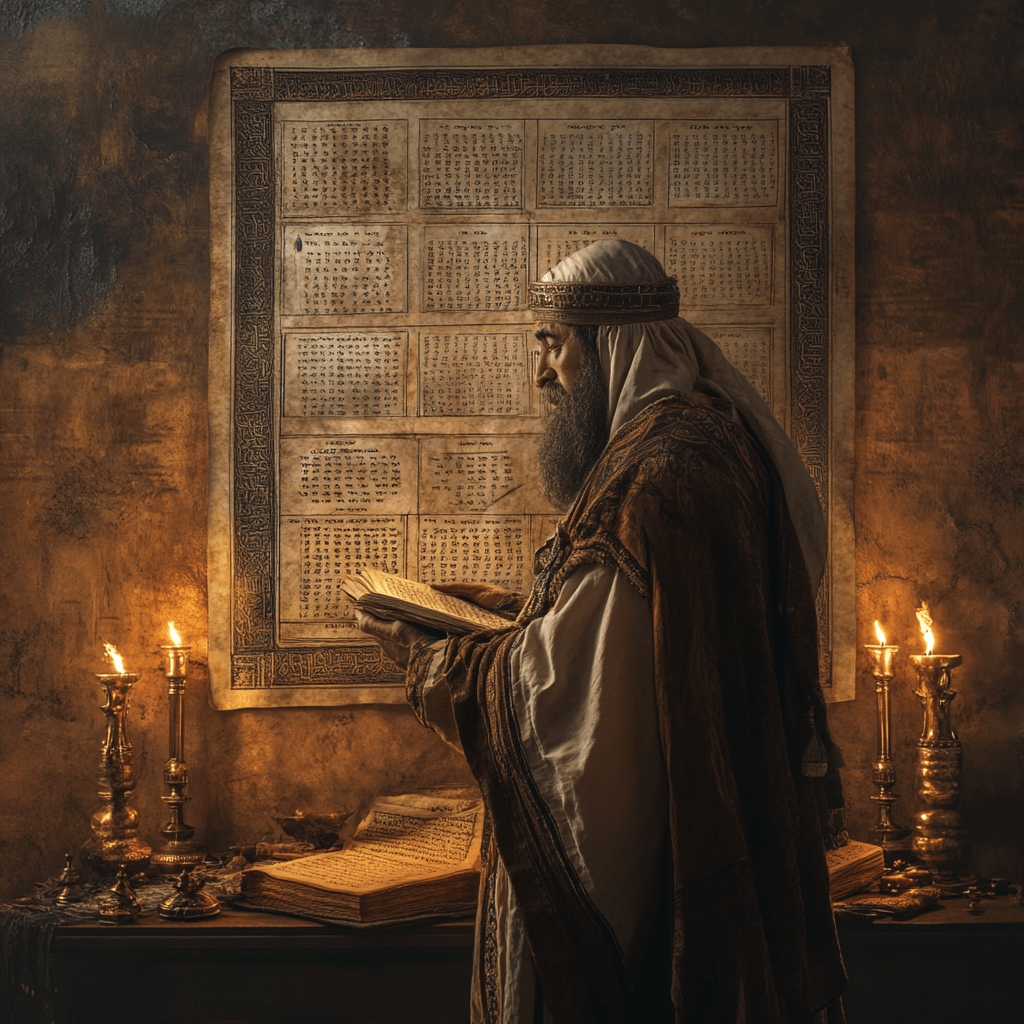 An ancient Israelite scribe in traditional robes studies sacred Hebrew texts by candlelight, with a large Torah-style scroll displayed on the wall behind him.