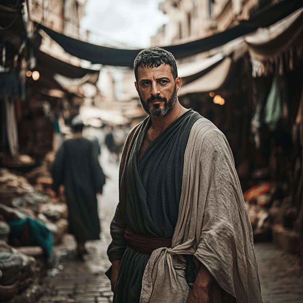 A rugged man in ancient robes stands in a narrow Jerusalem marketplace, surrounded by fabric stalls and blurred figures in the background, evoking a historical biblical setting.