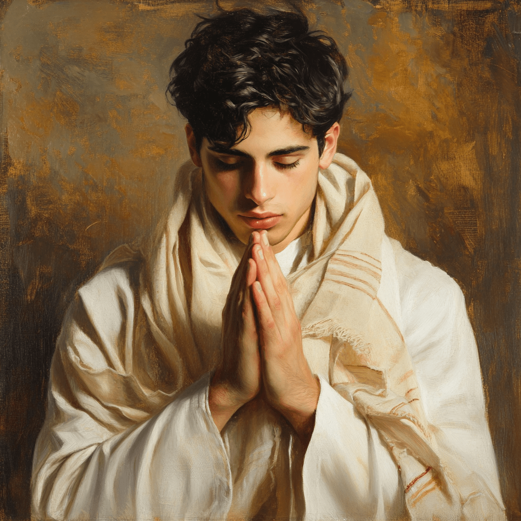 A young man in ancient Hebrew clothing with dark curly hair and a cream-colored prayer shawl clasps his hands in prayer, eyes closed in deep spiritual reflection against a textured, warm-toned background.