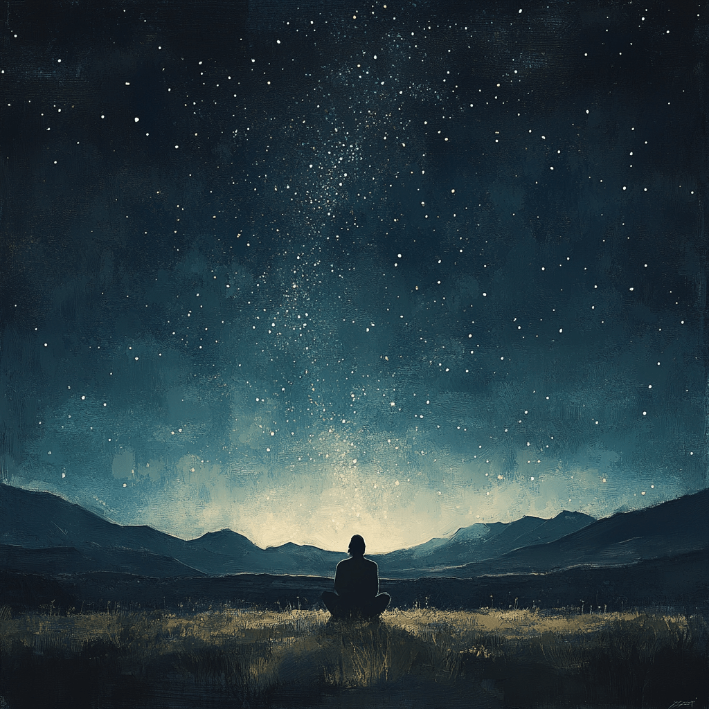 A solitary figure kneels in prayer under a vast, star-filled night sky, surrounded by silhouetted mountains and an open field, evoking a sense of awe, wonder, and divine connection.