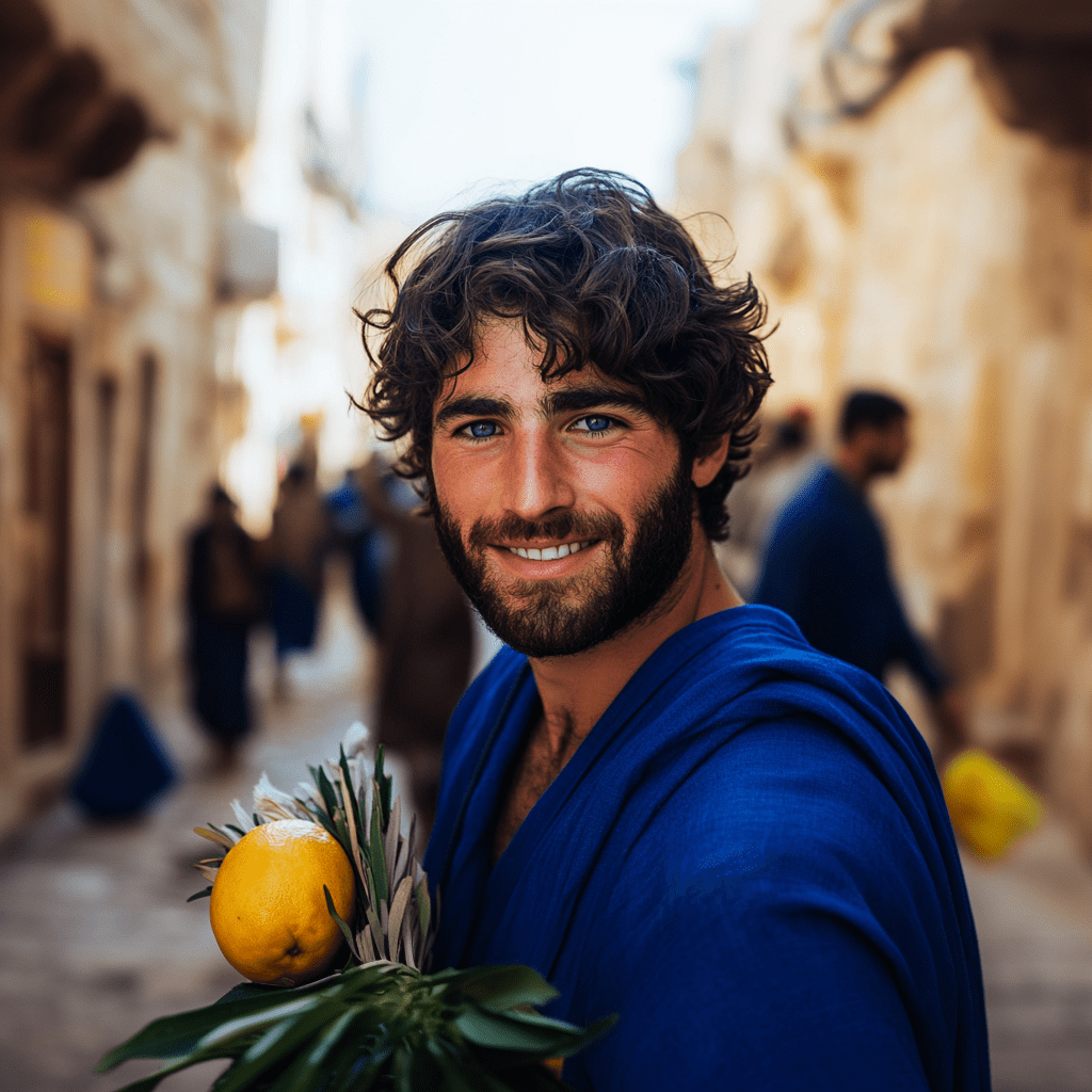 Man in ancient-style blue robe smiling and holding an etrog and lulav branches during Sukkot celebration.