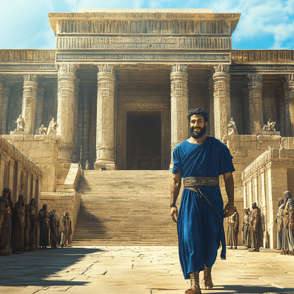 Lehi, dressed in blue robes, walks joyfully away from a grand ancient temple, surrounded by people and sunlight.