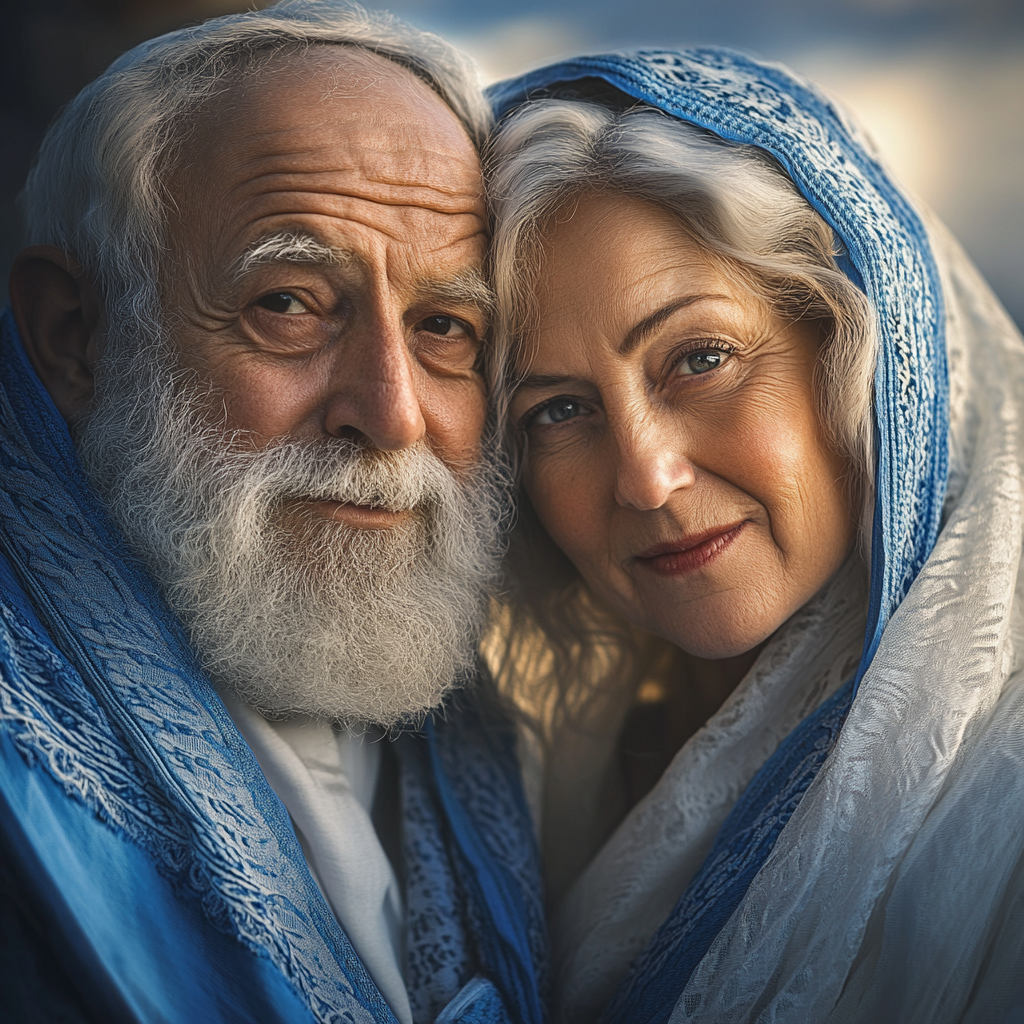 An elderly man and woman dressed in ancient-style robes and blue head coverings, standing close together with serene expressions, symbolizing Lehi and Sariah from the Book of Mormon.