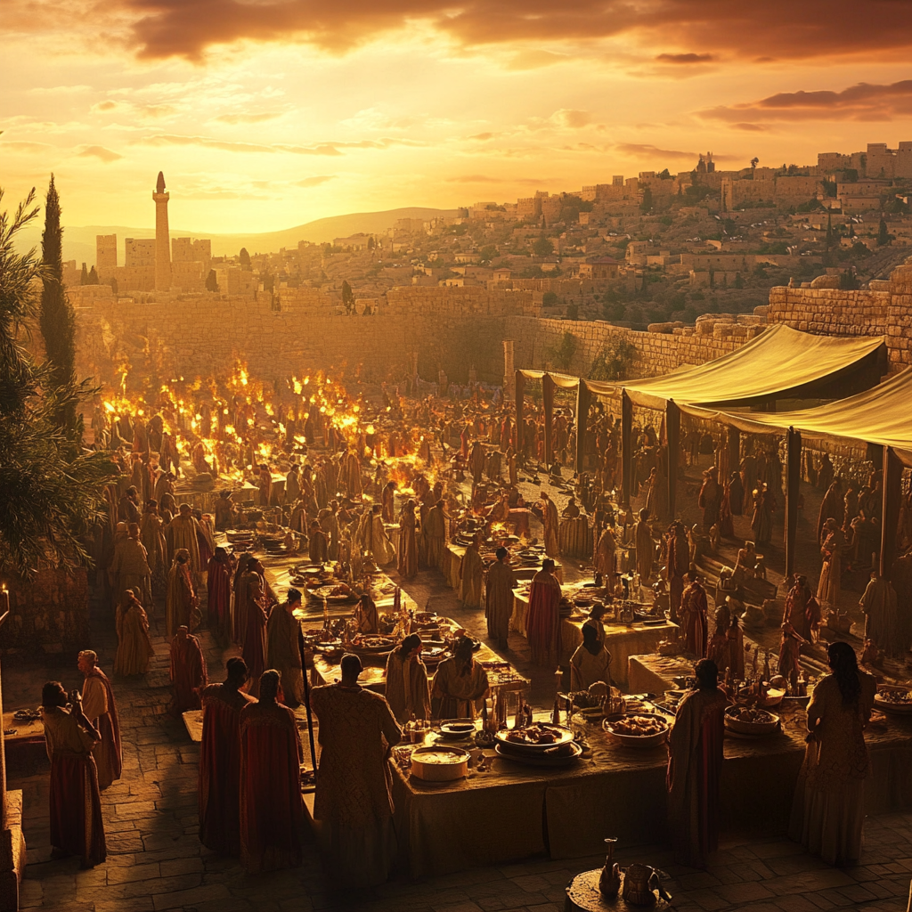 Ancient Jerusalem crowd celebrating Sukkot with feasting, torches, and tents at sunset.