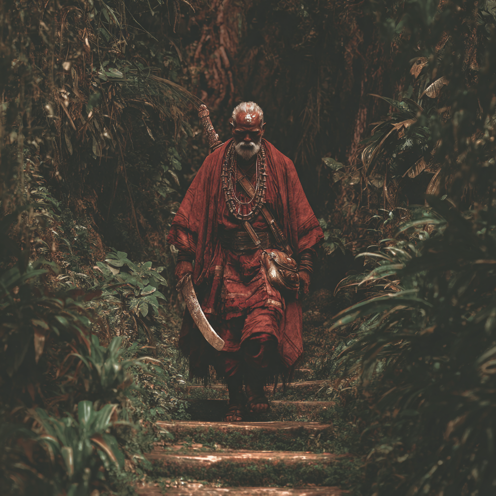 Portrait of Gideon from the Book of Mormon depicted as an older Nephite man with weathered features and wise eyes, symbolizing his courage, spiritual strength, and lifelong service. He stands resolute, dressed in simple warrior robes, evoking his role as a deliverer and martyr.