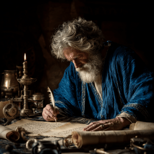 Nephi, depicted as an older man, sits at a simple wooden table writing on scrolls. He wears blue robes symbolizing his high priestly role. The scene reflects quiet devotion, with Nephi recording sacred teachings—preserving the covenant and bearing testimony for future generations.