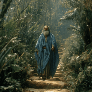 Illustration of Nephi as an older man, wearing blue priestly robes symbolizing his role as a high priest. His expression is thoughtful and reverent, reflecting wisdom gained through years of prophetic leadership. The blue garment recalls the ancient Israelite tradition of sacred authority and covenant remembrance